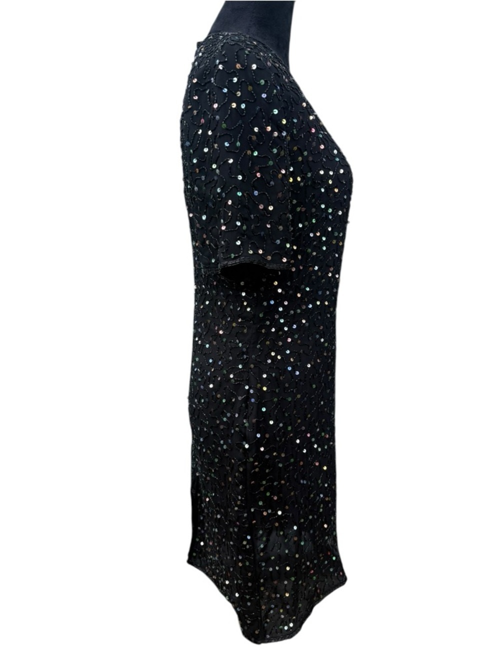 ✨ Vintage Laurence Kazar Silk Beaded and Iridescent Sequin Cocktail Dress Sz L ✨ - Picture 5 of 12